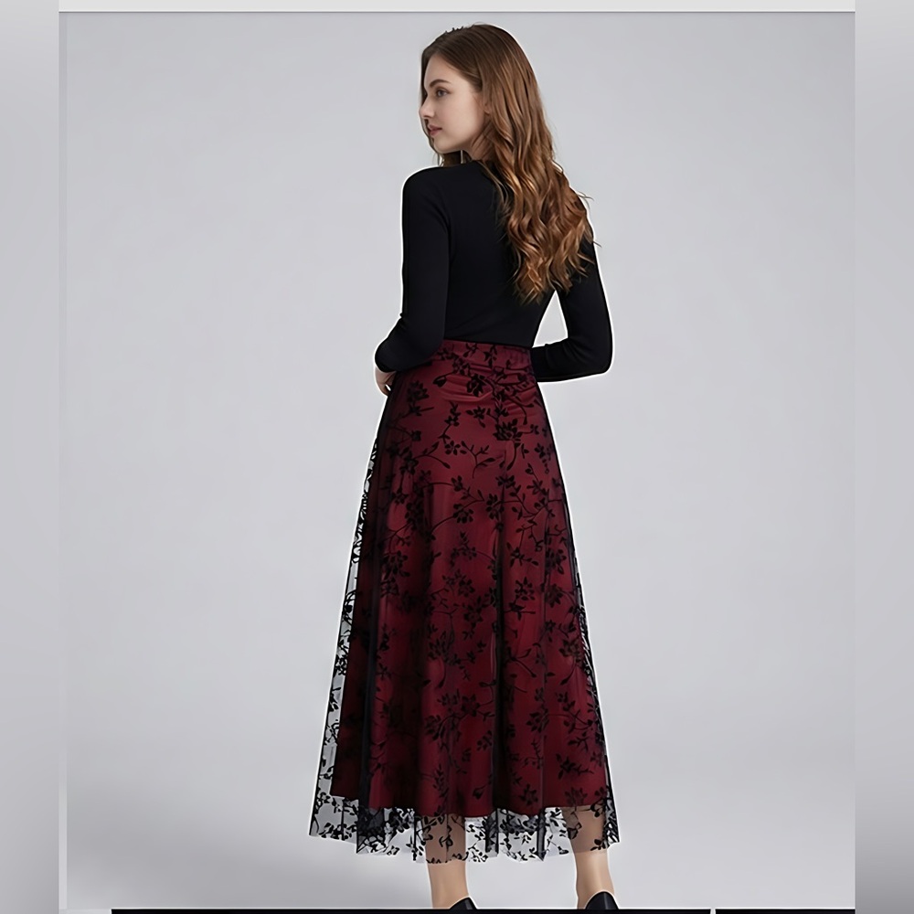 Floral Flocking Tulle Long A-Line Skirt Red - Picture 4 of 12